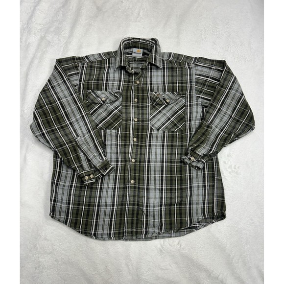 Carhartt Distressed Grunge Gray & Green Plaid Flannel Shirt Men's Size Large - Picture 1 of 9